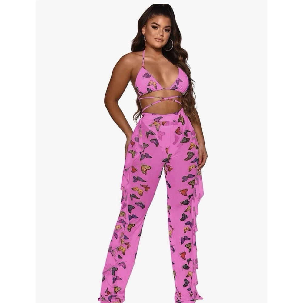 Two Piece Backless Halter Bra+Ruffles Long Pants Outfit, Butterfly, Small [G]